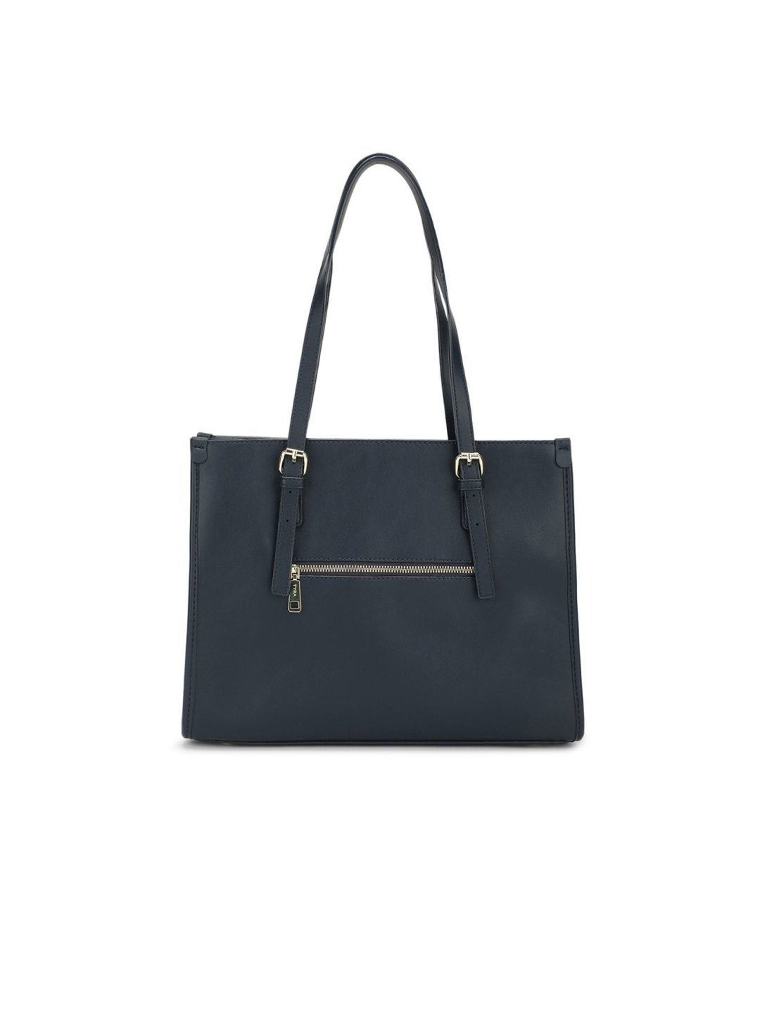 Tyra Hazel Navy Solid Faux Leather Tote Handbag