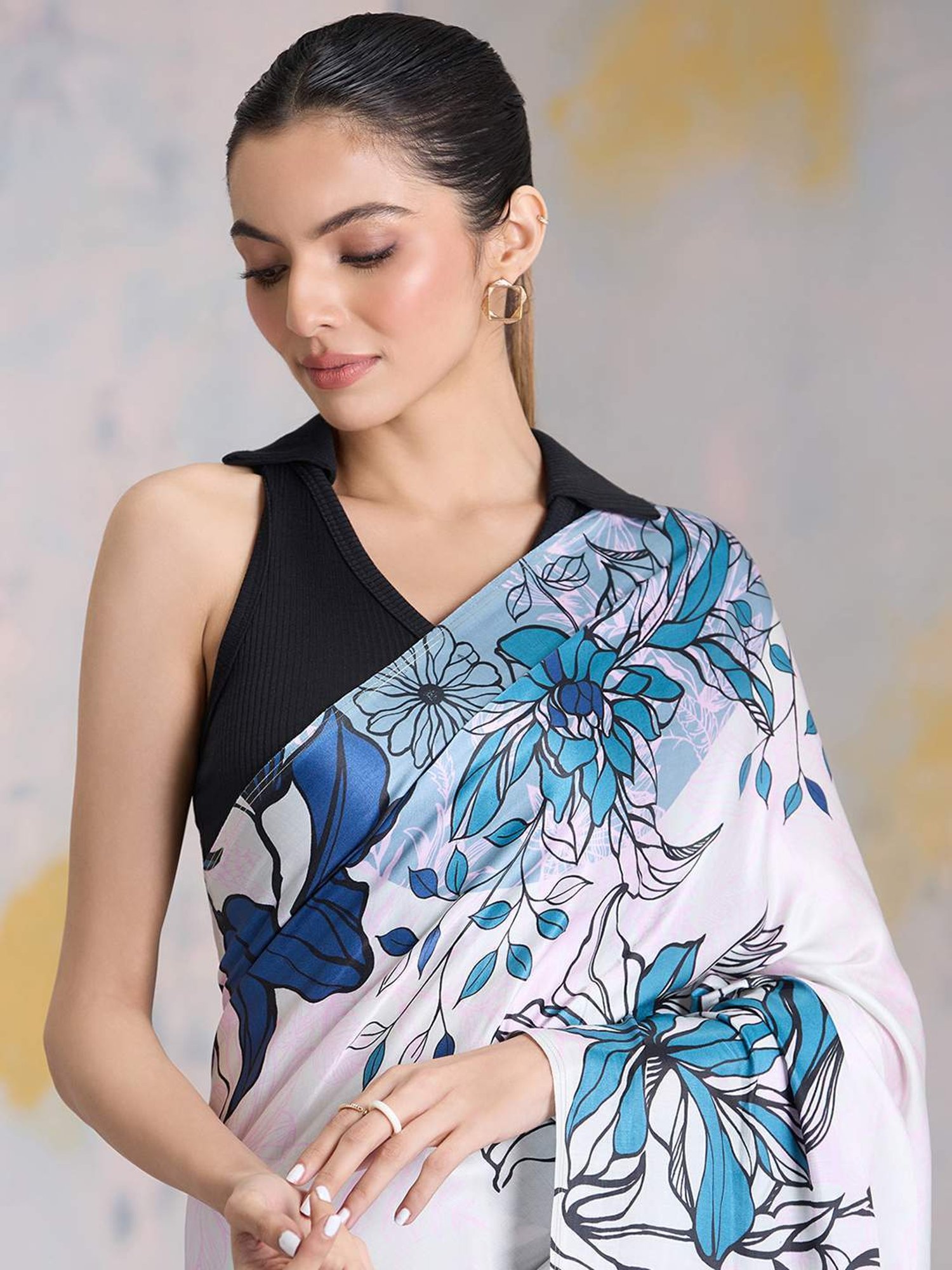 navyasa by liva White & Blue Printed Saree With Unstitched Blouse