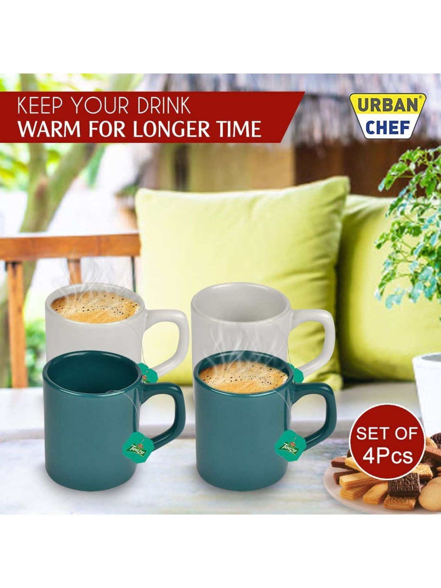 Urban Chef White & Dark Green Ceramic Droite Handcrafted Microwave Safe Cup - Set of 4