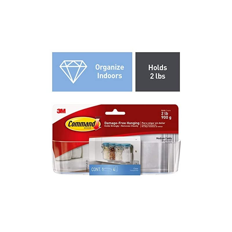 Medium Caddy, Clear, with 4 Clear Indoor Strips, Organize Damage-Free