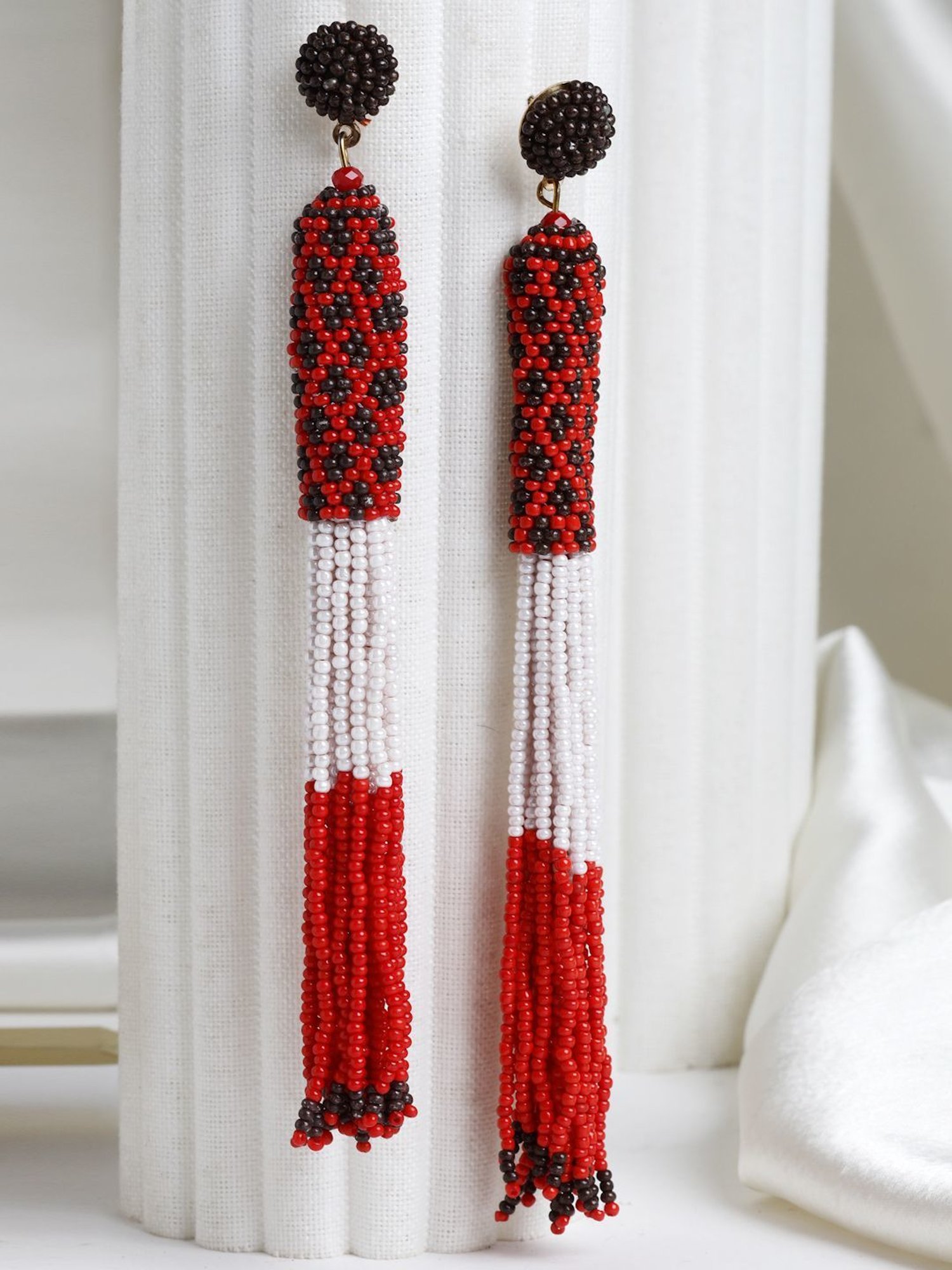 Moedbuille Red and Black Beads Contemporary Tasselled Design Gold Plated Handcrafted Earrings