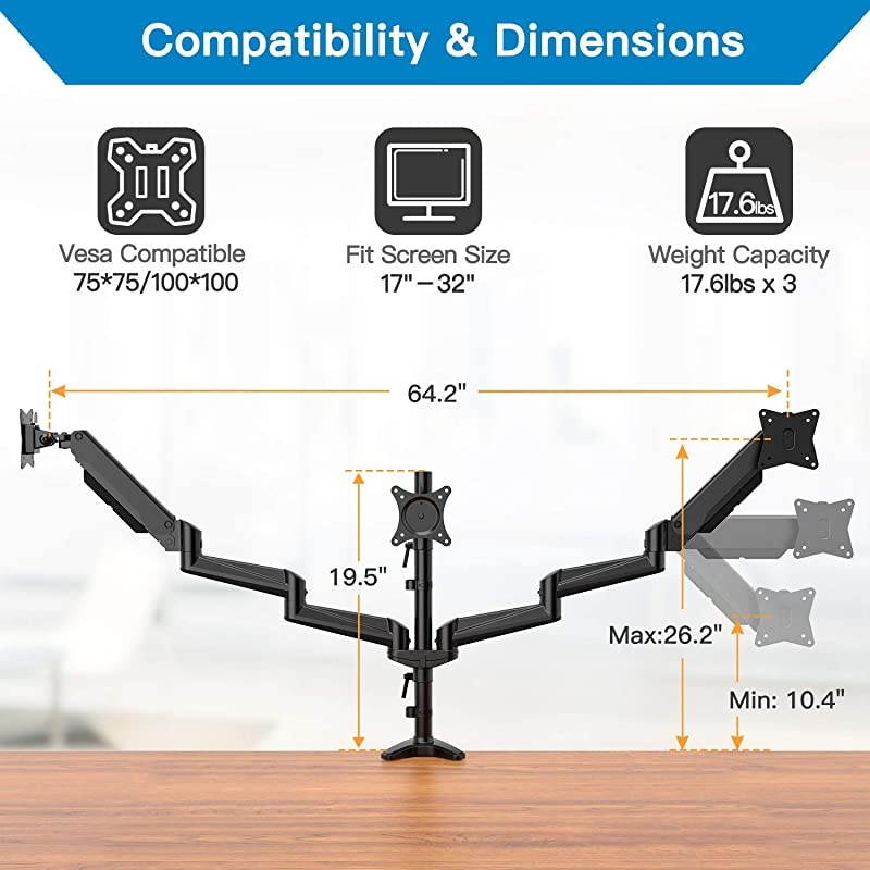 Monitor Stand - Full Motion Articulating Aluminum Gas Spring Monitor Mount Fits Three 17 to 32 inch Flat/Curved LCD Computer Screens with Clamp, Grommet Kit, Black