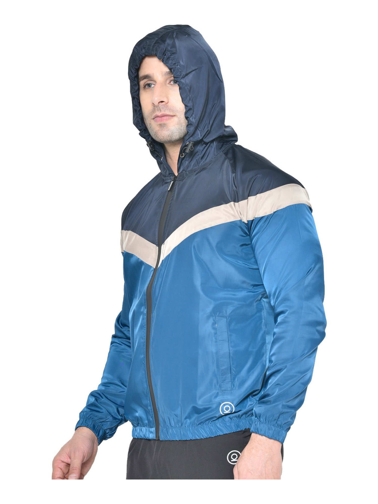 Chkokko Navy Blue Regular Fit Colour Block Hooded Jacket