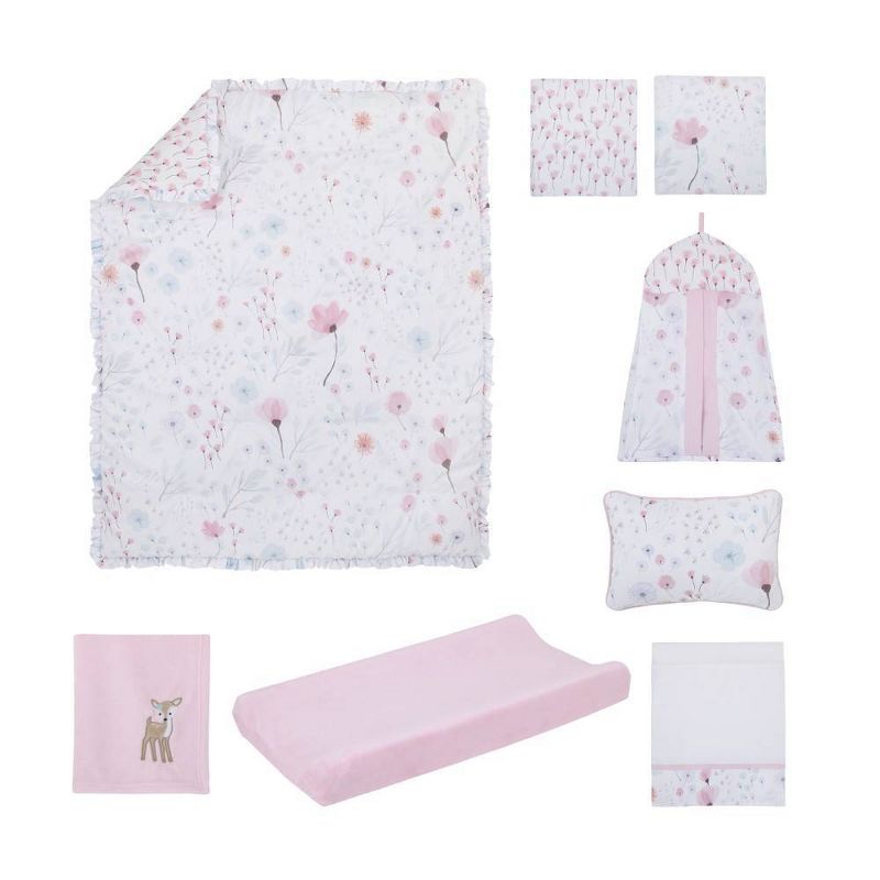 NoJo Lovely Watercolor Floral Crib Bedding Set - Pink/Aqua/Gray 8pc