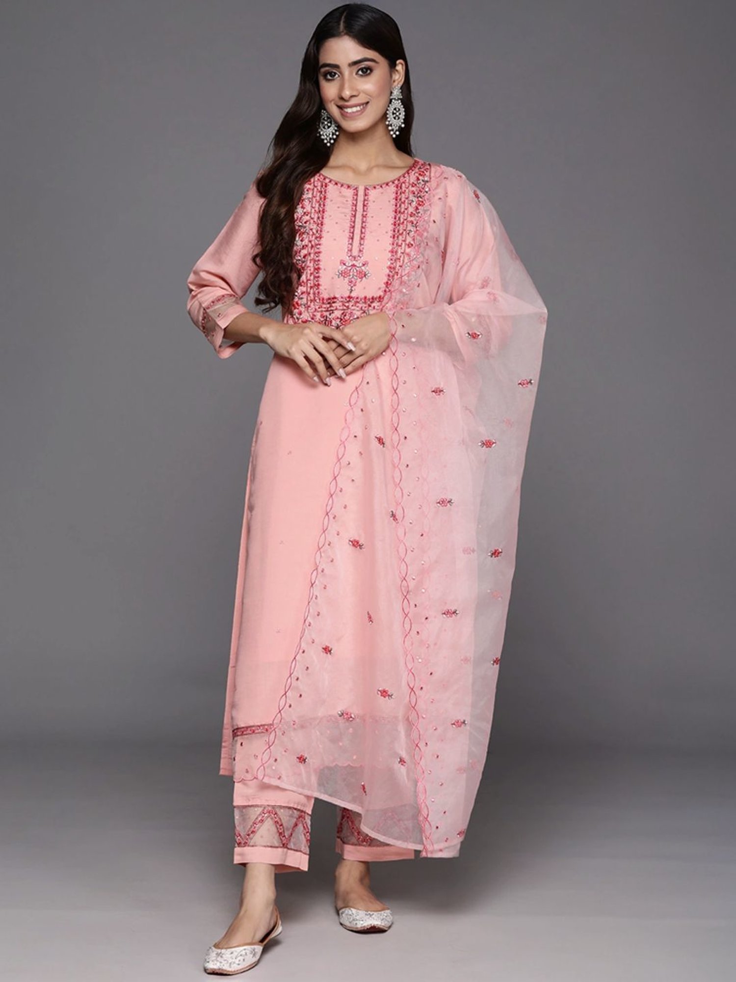 Varanga Pink Embroidered Kurta Pant Set With Dupatta