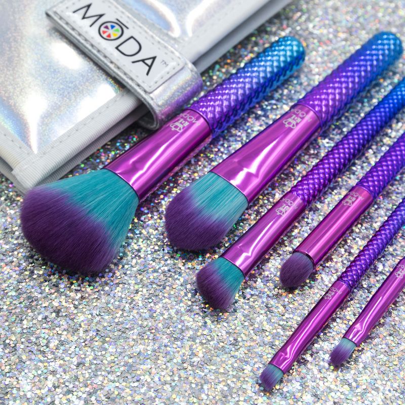 MODA Brush Prismatic 7pc Total Face Tavel Sized Makeup Brush Set with Holographic Travel Flip Case, Includes - Powder,  Angle Shader, Smoky Eye,  and Point Lip Brushes
