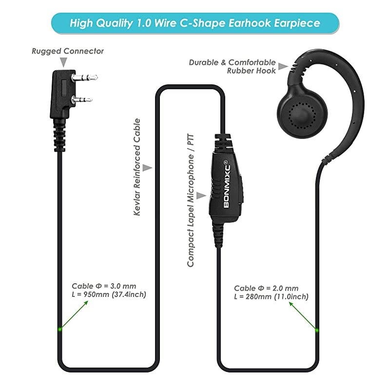 Walkie Talkie Headset Mic PTT Compatible with Kenwood ProTalk FreeTalk Baofeng 35mm25mm 2Pin Thicker Reinforced Cable CRing Earloop TwoWay Radio Earpiece 2 Pack