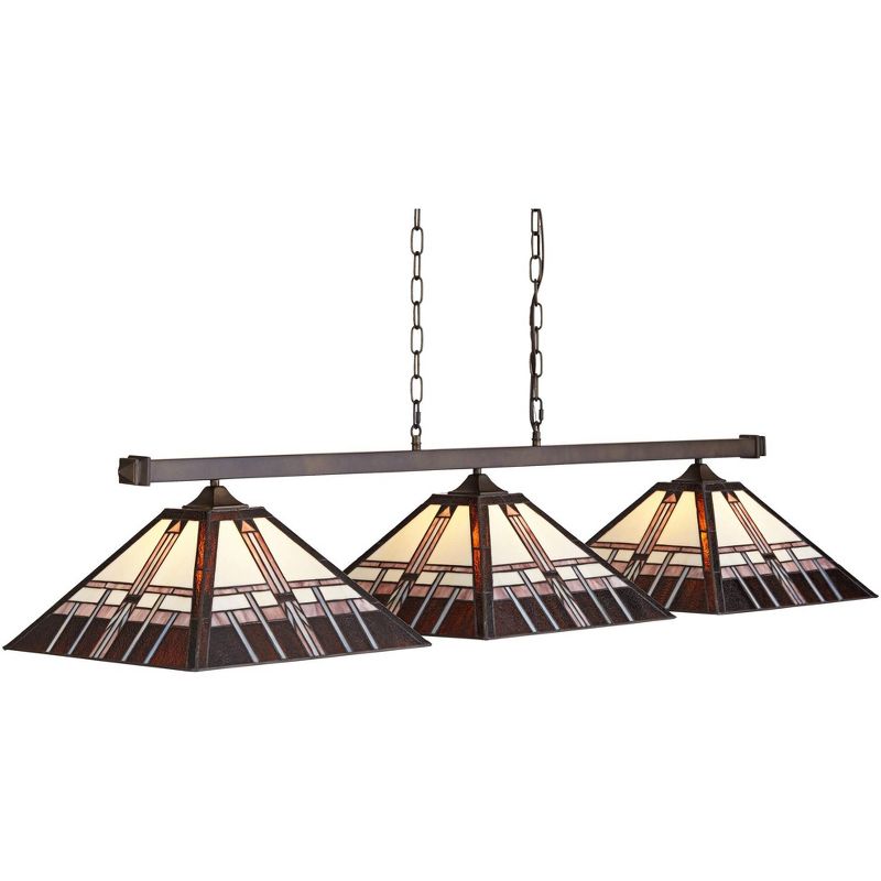 Robert Louis Tiffany Bronze Linear Island Pendant Chandelier 56" Wide Tiffany Style Alfred Geometric Glass 3-Light Fixture Kitchen