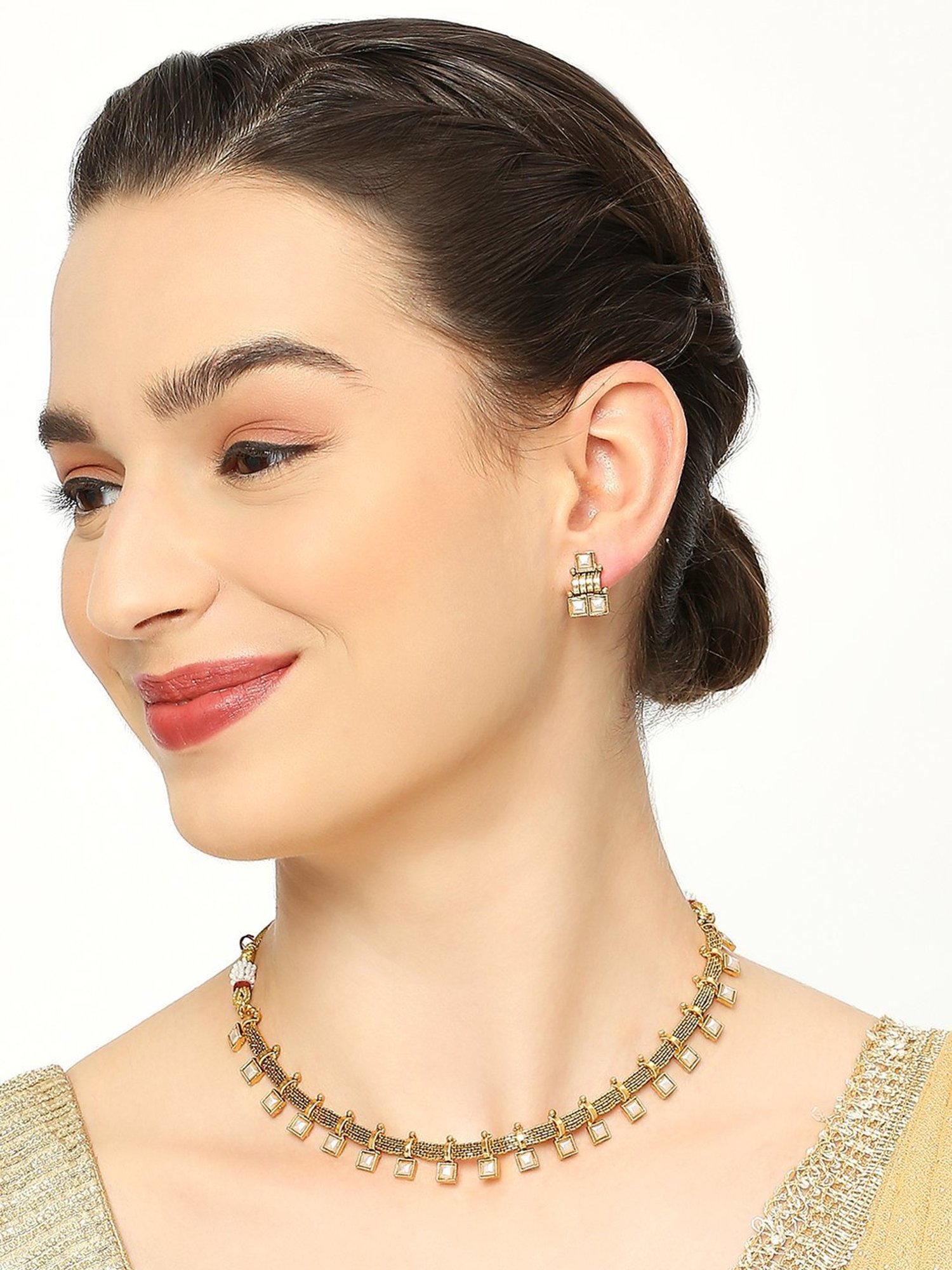 OOMPH Gold Tone Delicate Ethnic Choker Necklace Set with Small Earrings