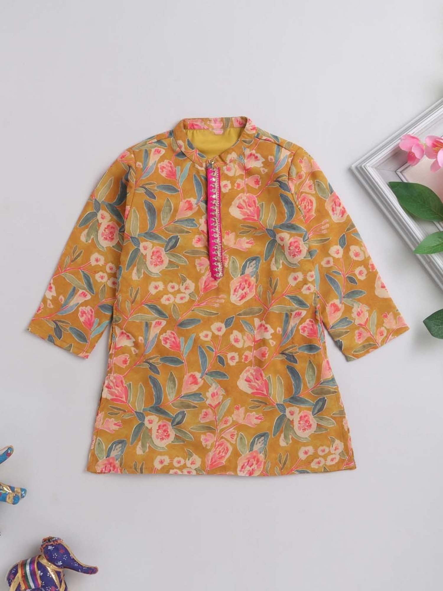 The Magic Wand Kids Mustard Floral Print Full Sleeves Kurta