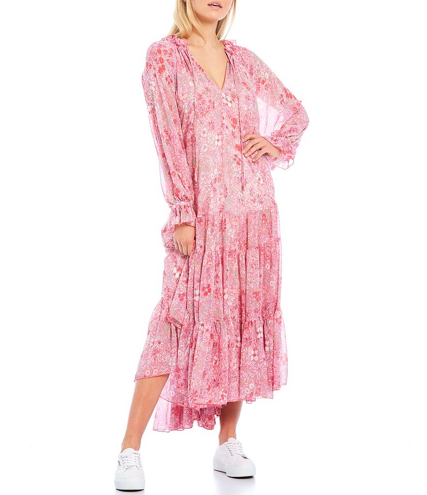 Free People Feeling Groovy Long Sleeve Tiered Ruffle Hem Summer Pink Floral Print Midi Swing Dress