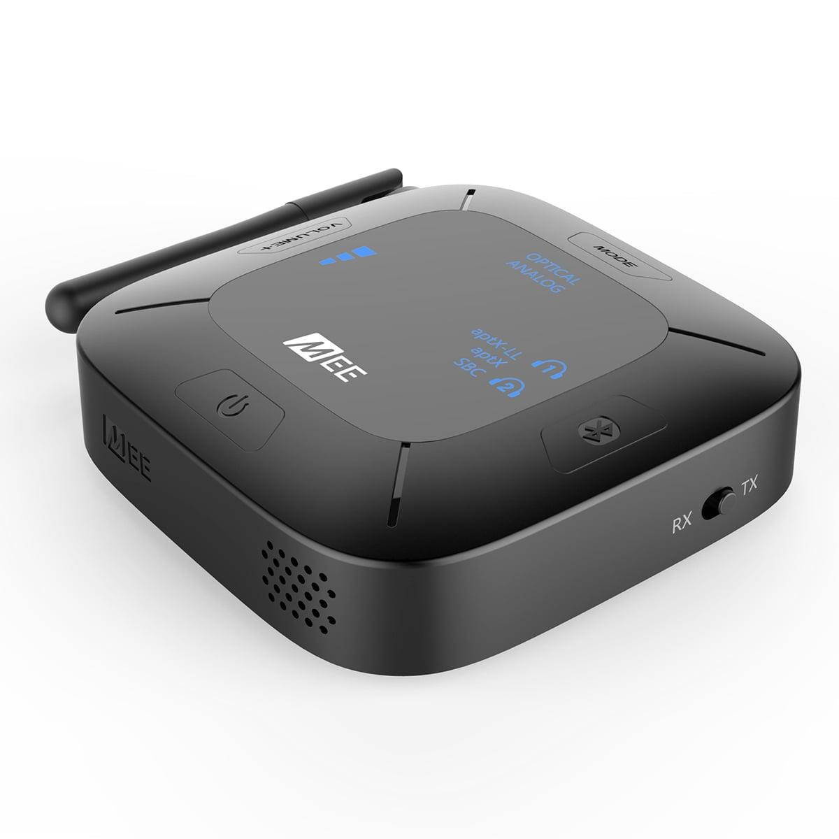 mee audio connect hub universal dual headphone and speaker bluetooth audio transmitter and receiver for tv with aptx low latency, optical and analog passthrough, extended range, and volume boost