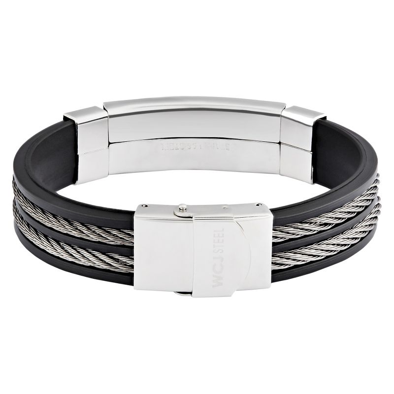 Men's Hematite Stainless Steel Cable Inlay ID Rubber Bracelet (15mm) - Black/Silver (8.5")