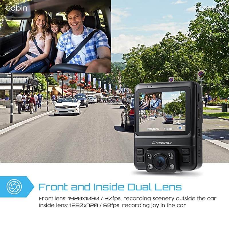 Dash Cam - GPS Dual Car Camera Uber  1080P Front and 720P Inside DVR Recorder with 2.4" Screen IR Super Night Vision Parking Mode Motion Detection and G-Sensor