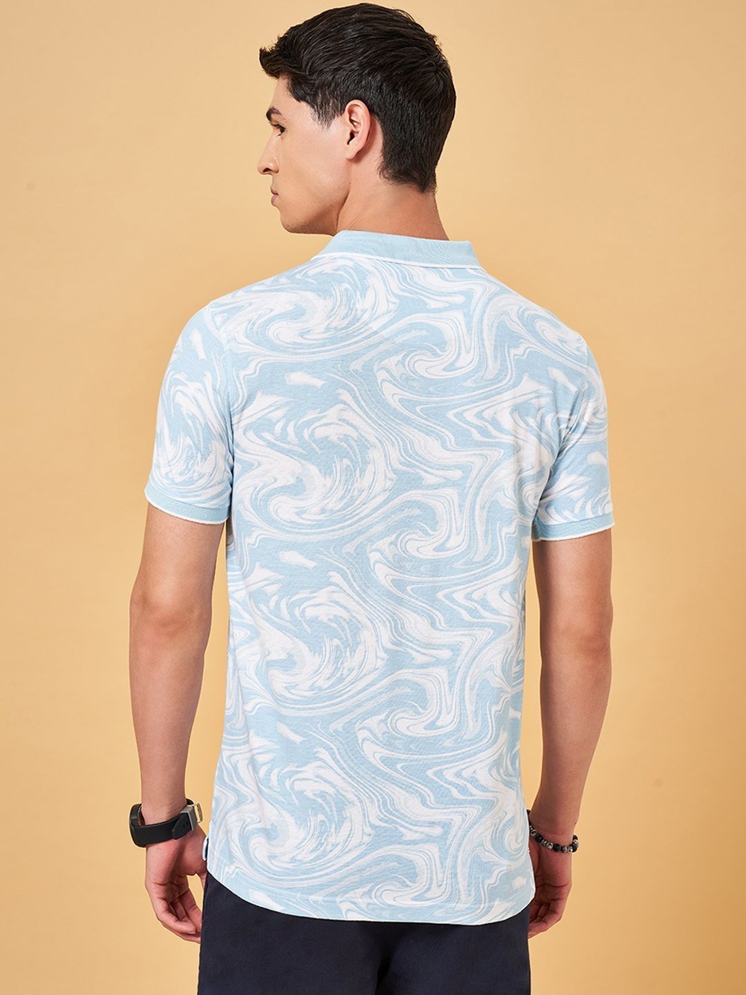 Byford By Pantaloons Light Blue Slim Fit Printed Polo T-Shirt