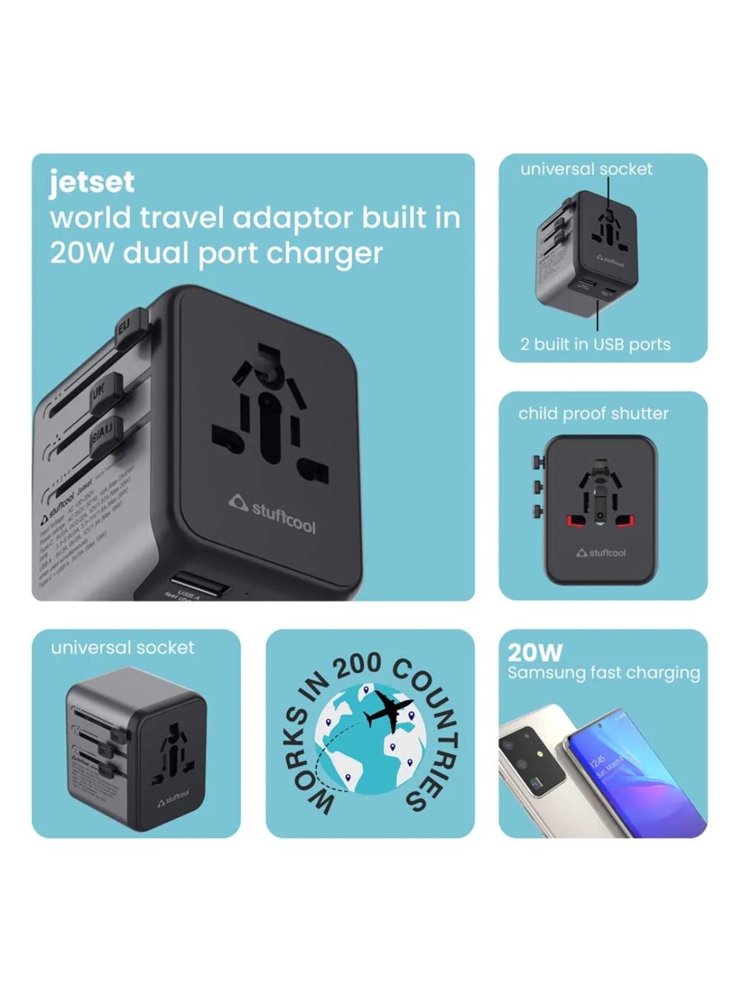 Stuffcool Jetset Universal World Travel Adapter with PD20W Type C port (Black)