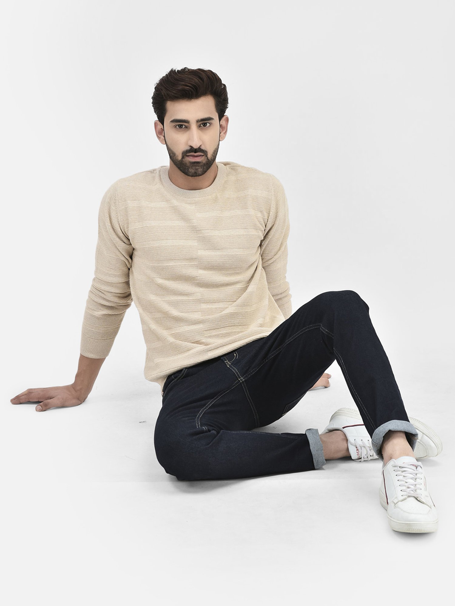 Crimsoune Club Beige Regular Fit Self Design Cotton Sweater