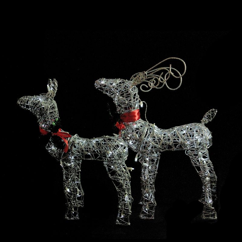 Brite Star Set of 2 LED Lighted Silver and Red Glitter Buck and Doe Reindeer Christmas Outdoor Decorations