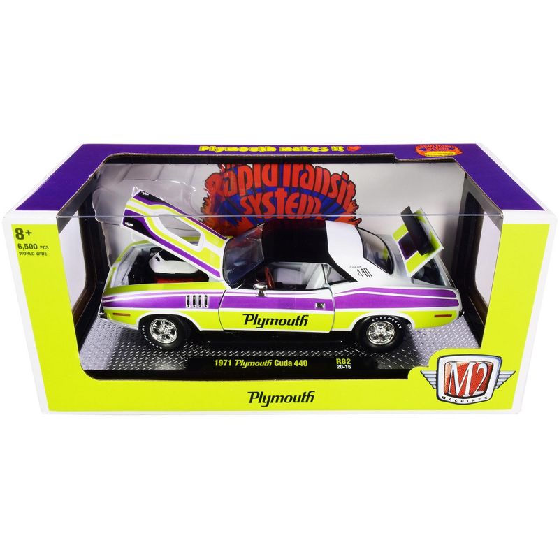 1971 Plymouth Cuda 440 White & Black w/Curious Yellow & Violet-Metallic Stripes Ltd Ed 6500pcs 1/24 Diecast Model by M2 Machines