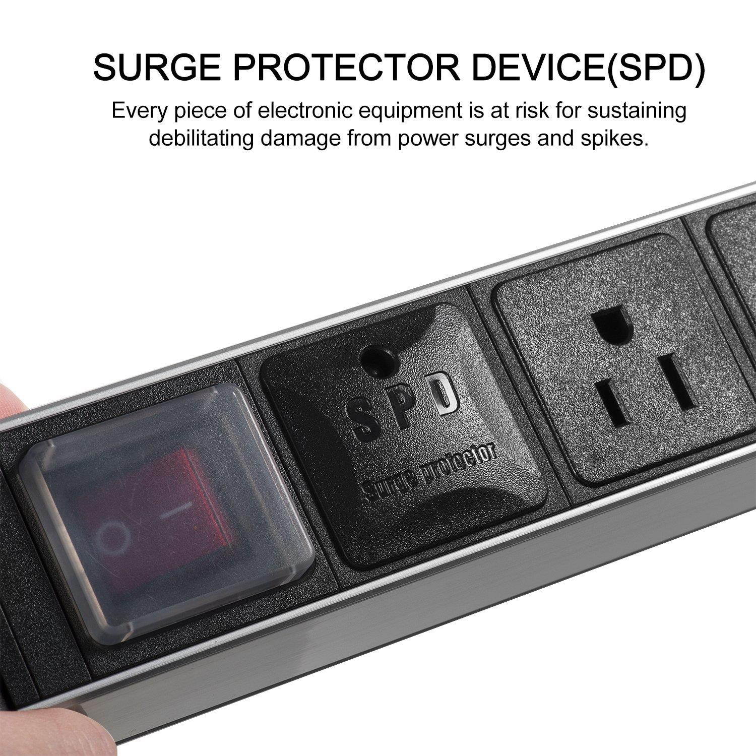 Kungfuking Aluminum Alloy Shell 8 Outlet Rack-Mount Server PDU, Power Distribution Unit, 1U/15A/110V, Power Strip with Surge Protector 6ft Power Cord (Silver)