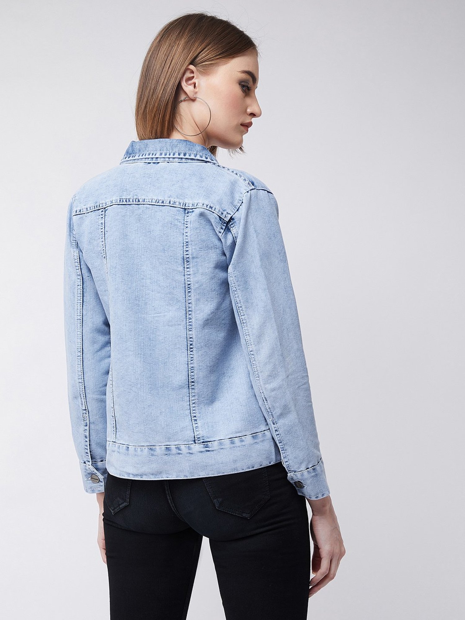 Miss Chase Light Blue Cotton Relaxed Fit Denim Jacket