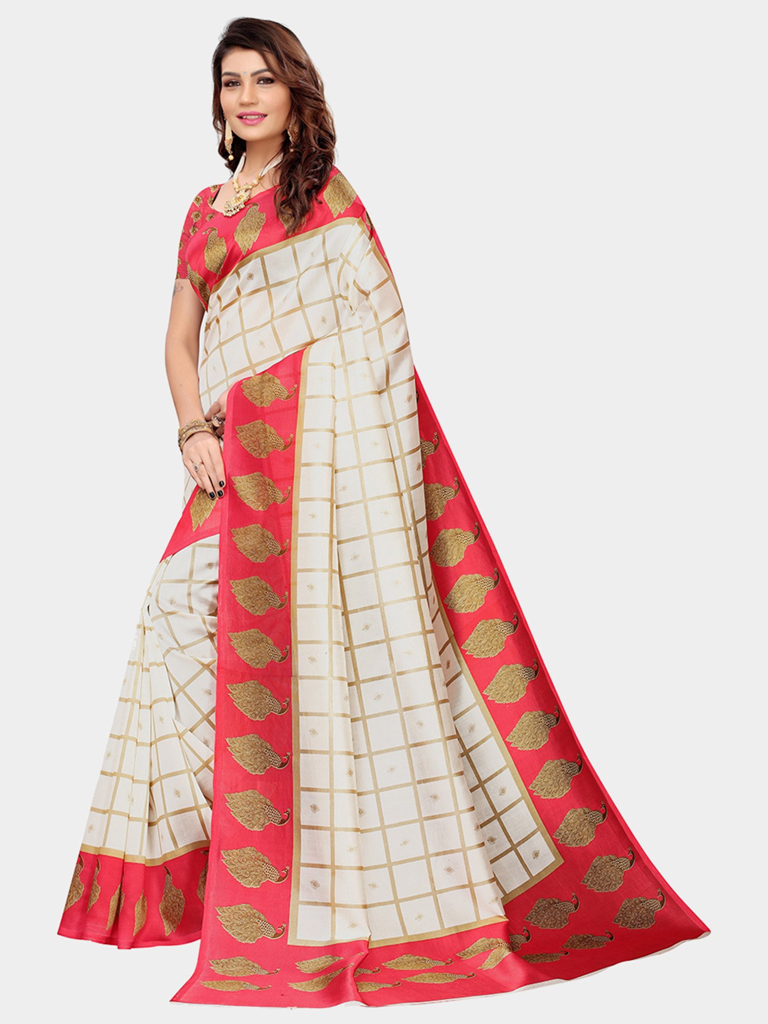 KSUT Red & Beige Check Saree With Blouse