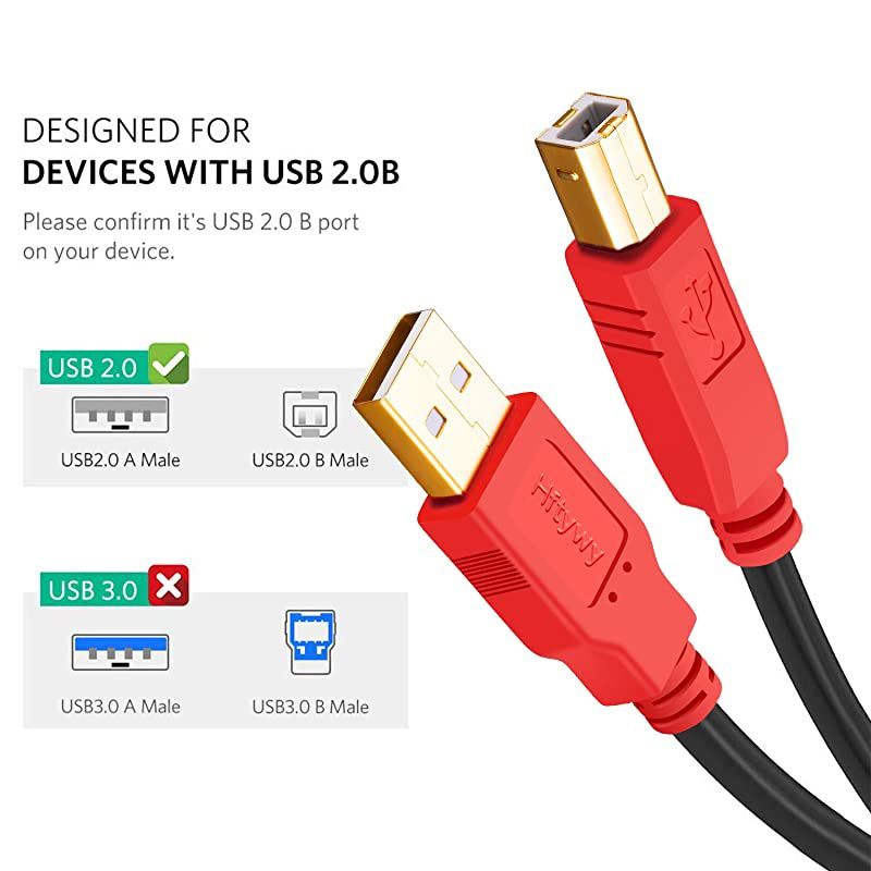 Printer Cable1ft 2Pack USB Printer Cable  USB 20 Printer Scanner Cable USB Type A Male to B Male Cord for HP Canon Dell Lexmark Epson Xerox Samsung More Red