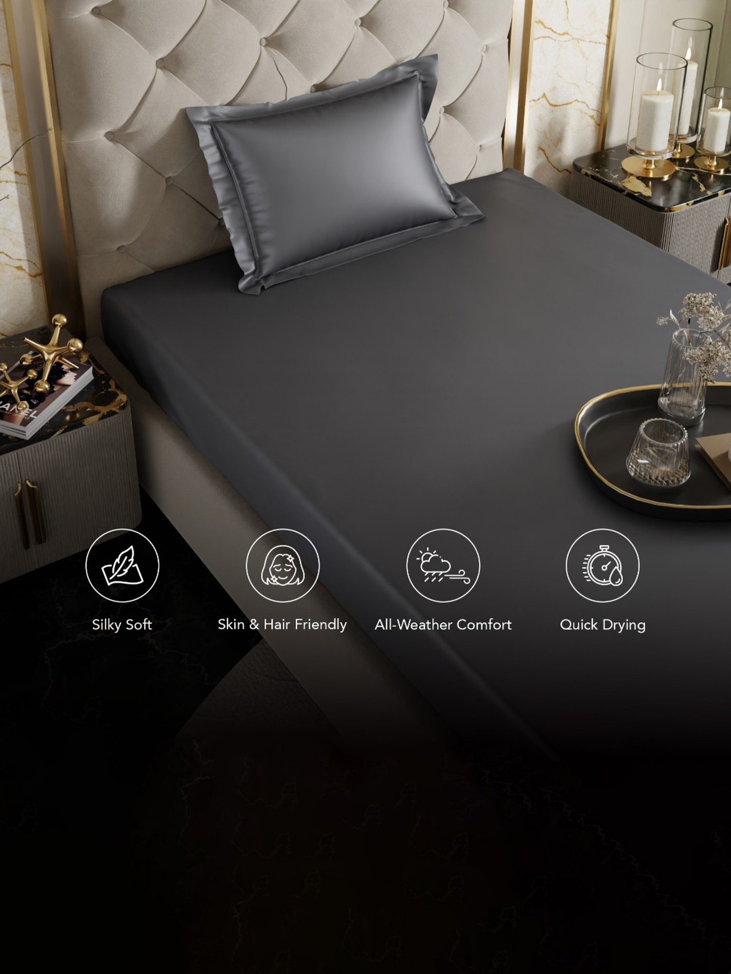 Stoa Paris Charcoal Grey 300 TC Polyester Single Fitted Sheet with 1 Pillow Cover