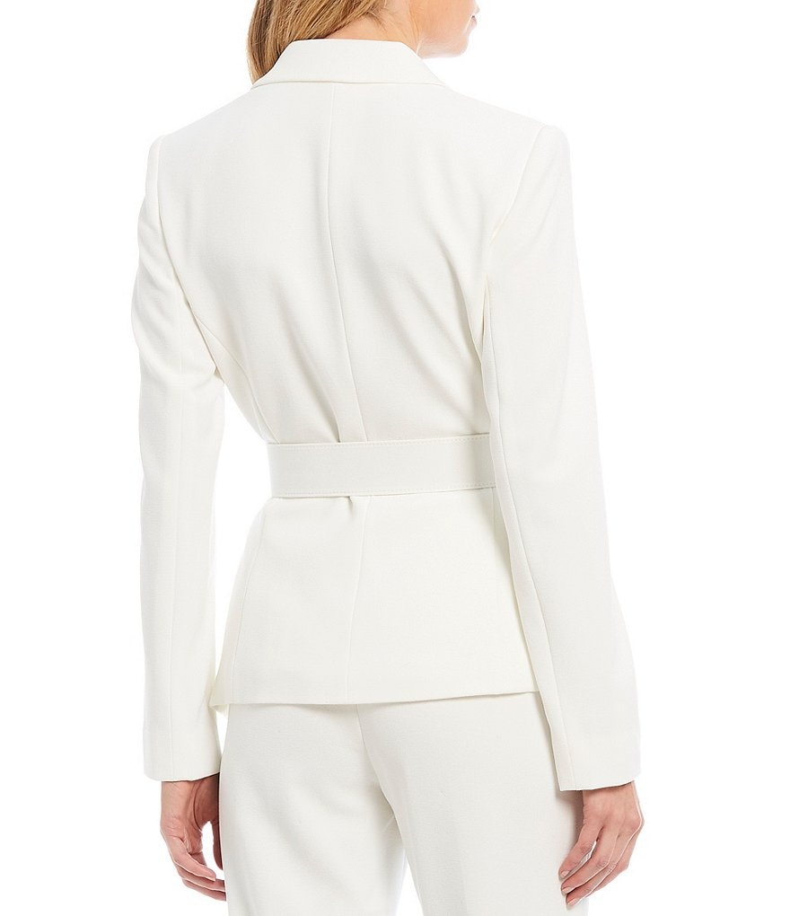 Tahari ASL Pebble Crepe Asymmetric Pleat Hem Belted Jacket 2-Piece Pant Suit