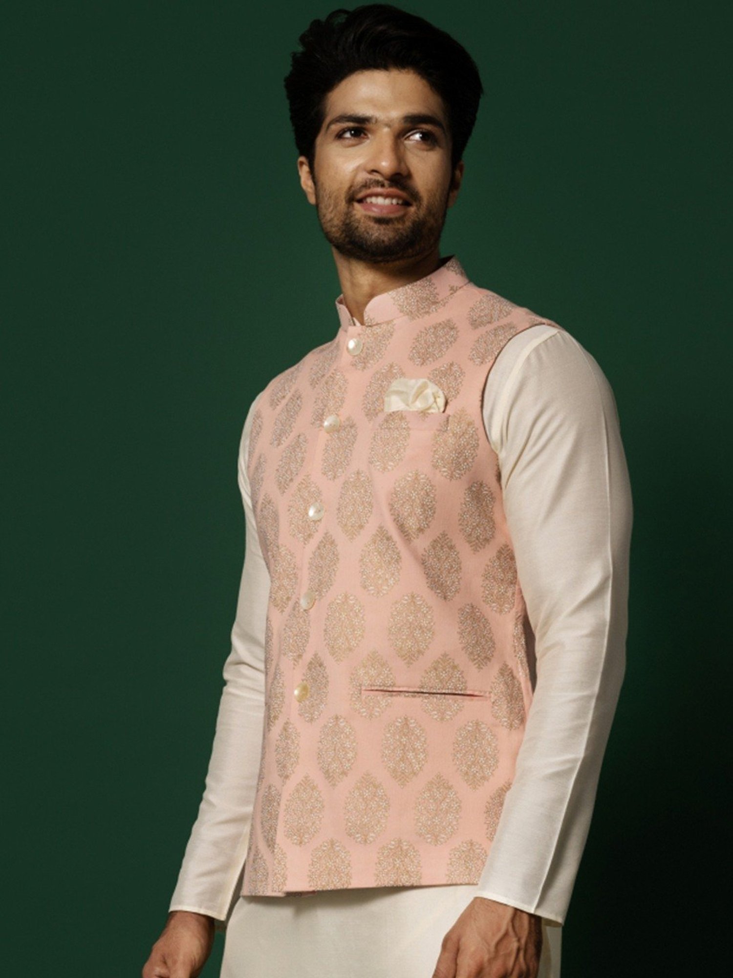 KISAH Peach Cotton Regular Fit Printed Nehru Jacket