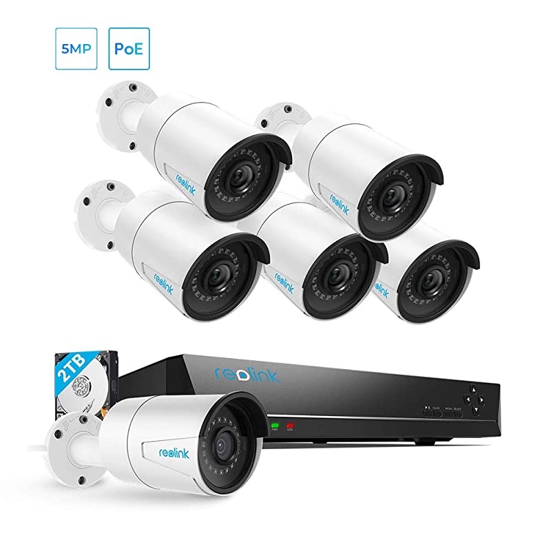Camera System PoE 4K 8 Channel NVR Kit with 6pcs Bullet 5MP PoE Cameras 2TB Hard Drive Included for 247 Surveillance Home RLK8410B65MP