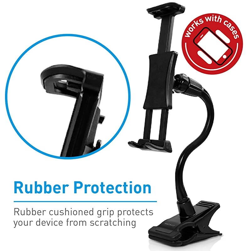 Adjustable Gooseneck Tablet Holder Phone Clip Works with Phones Tablets up to 8 Flexible Phone Holder Tablet Mount with Clip On Clamp for Desks up to 175 Thick CLIPMOUNTBlack