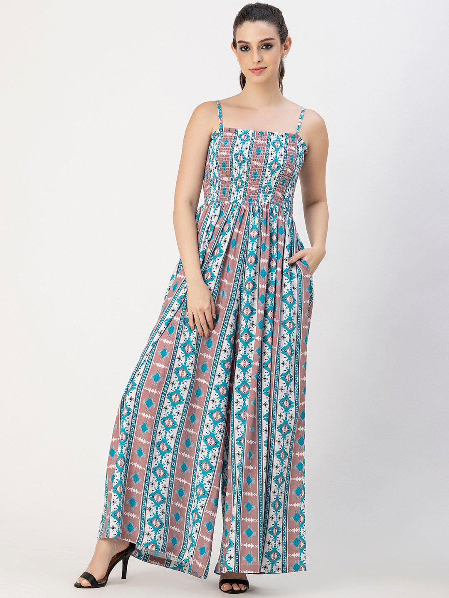 Moomaya Turquoise & White Printed Jumpsuit