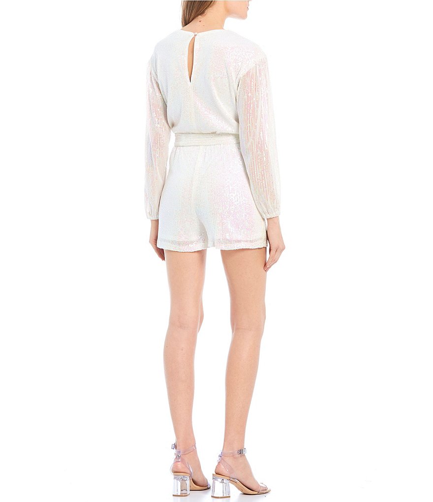 Midnight Doll Long-Sleeve Surplice V-Neck Tie-Waist Sequin Romper