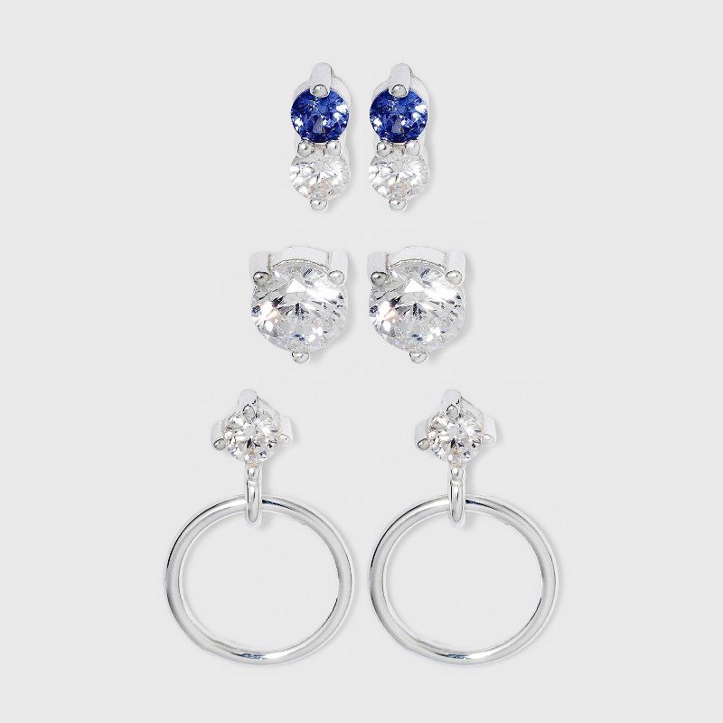 Sterling Silver with Cubic Zirconia Hoop and Studs Trio Earring Set - A New Day™ Silver