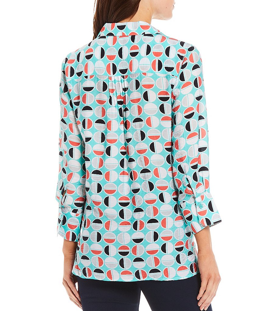 Multiples Circle Print Crinkle Woven Long Sleeve Button Down Hi-Low Shirt
