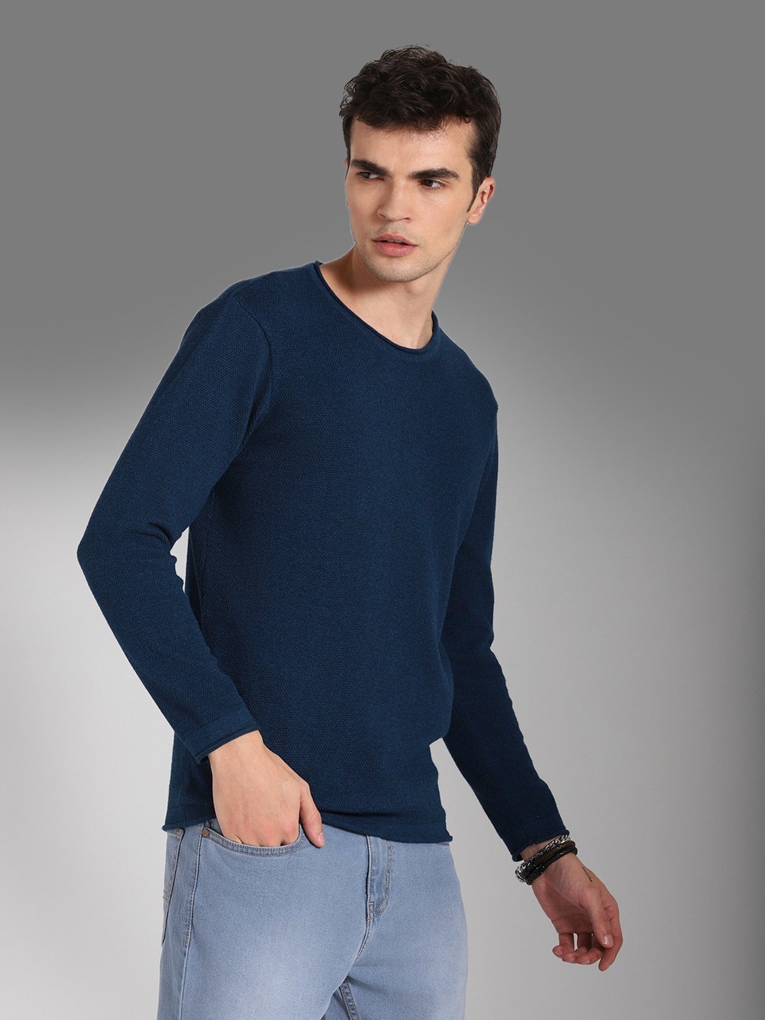 High Star Blue Cotton Regular Fit Sweater