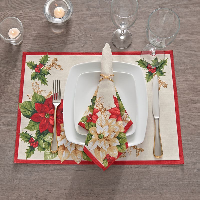 Red and White Poinsettias Placemat, Set of 4 - 13" x 19" - Red/Green - Elrene Home Fashions