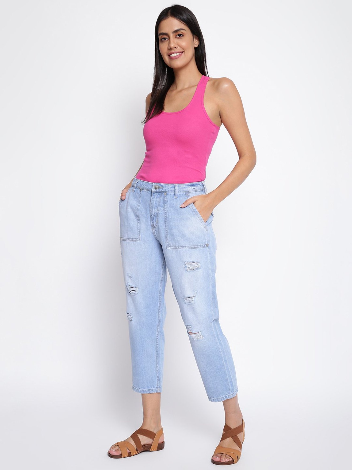 Tales & Stories Light Blue Straight Fit Lightly Washed Jeans