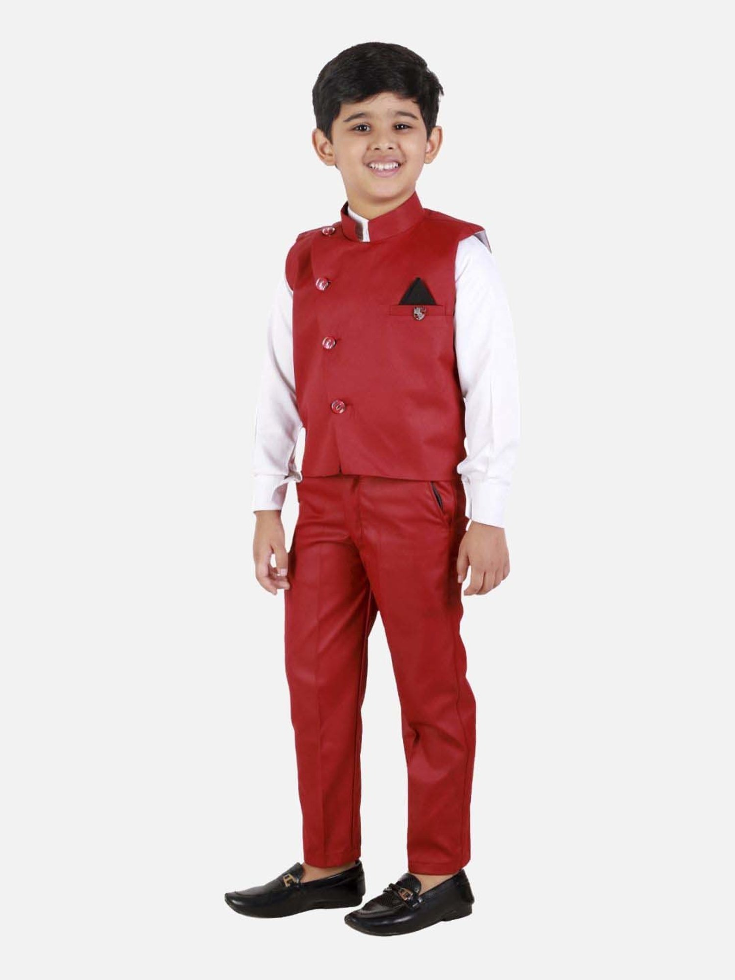 Fourfolds Boys Maroon Solid Full Sleeves Clothing Set