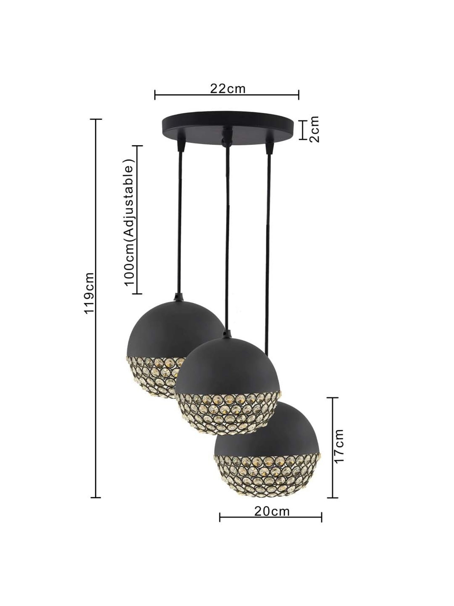 Homesake 3-Lights Round Cluster Black Metal Crystal Globe Pendant Light - Set of 1