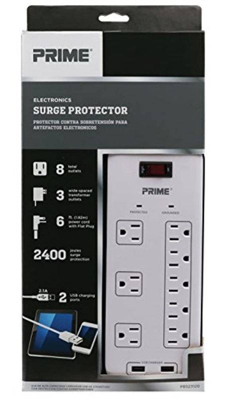 Prime Wire & Cable PB523120 8-Outlet Electronics Surge Protector with 14-3 SJT 6-Feet Cord, White