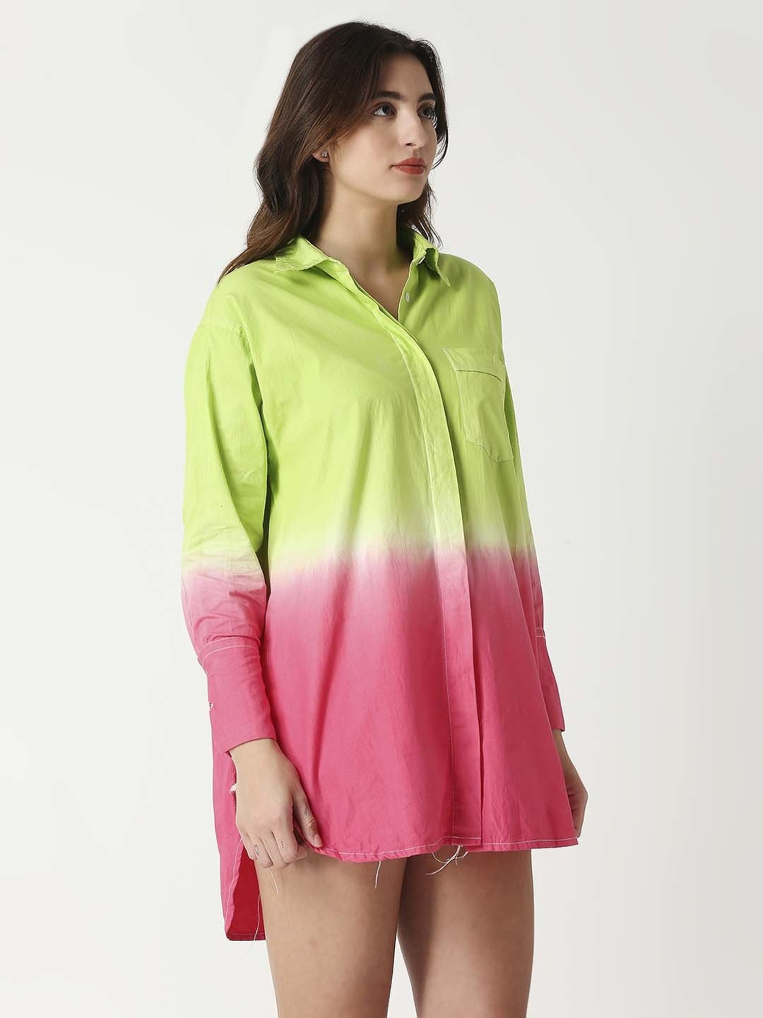 Remanika Green & Pink Cotton Color-Block Shirt