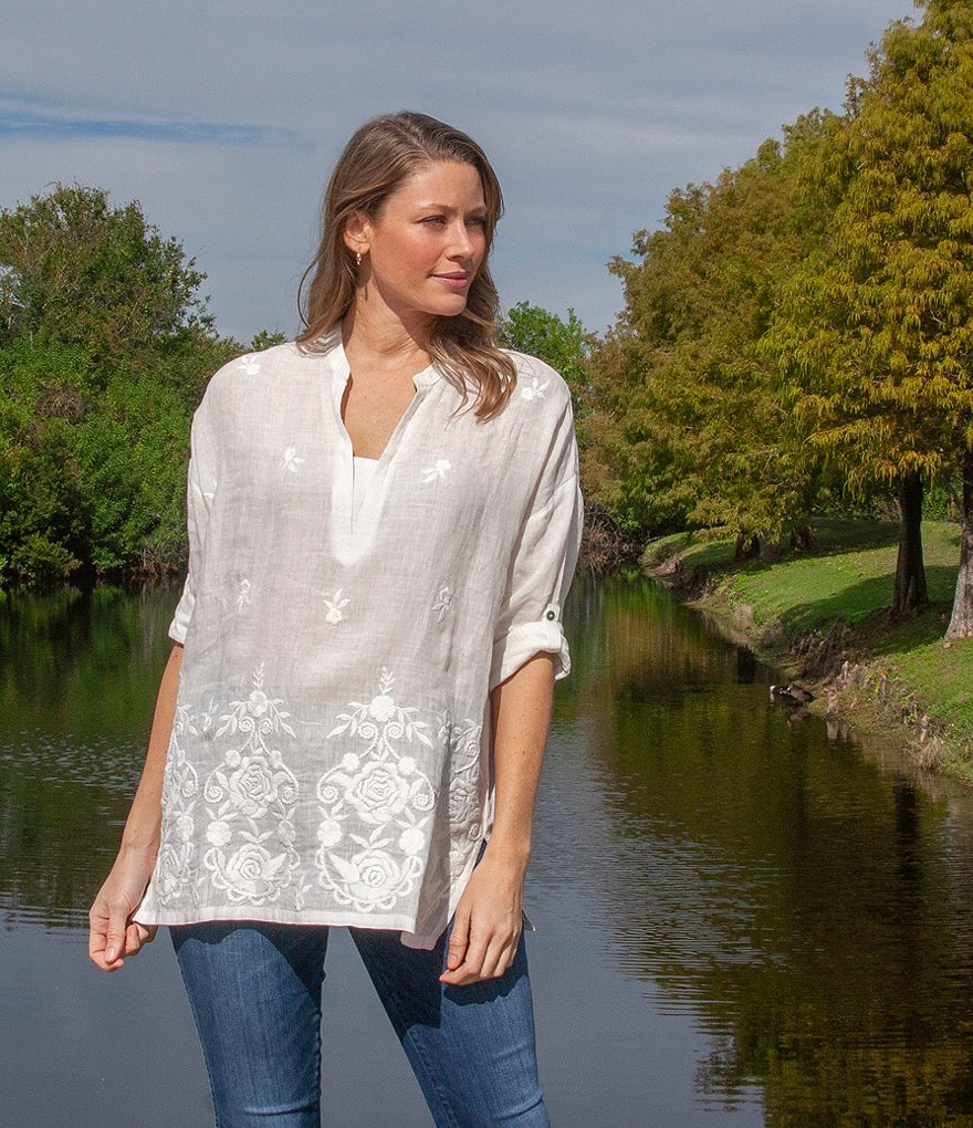 Karyn Seo Split V-Neck Linen 3/4 Sleeve Embroidered Tunic