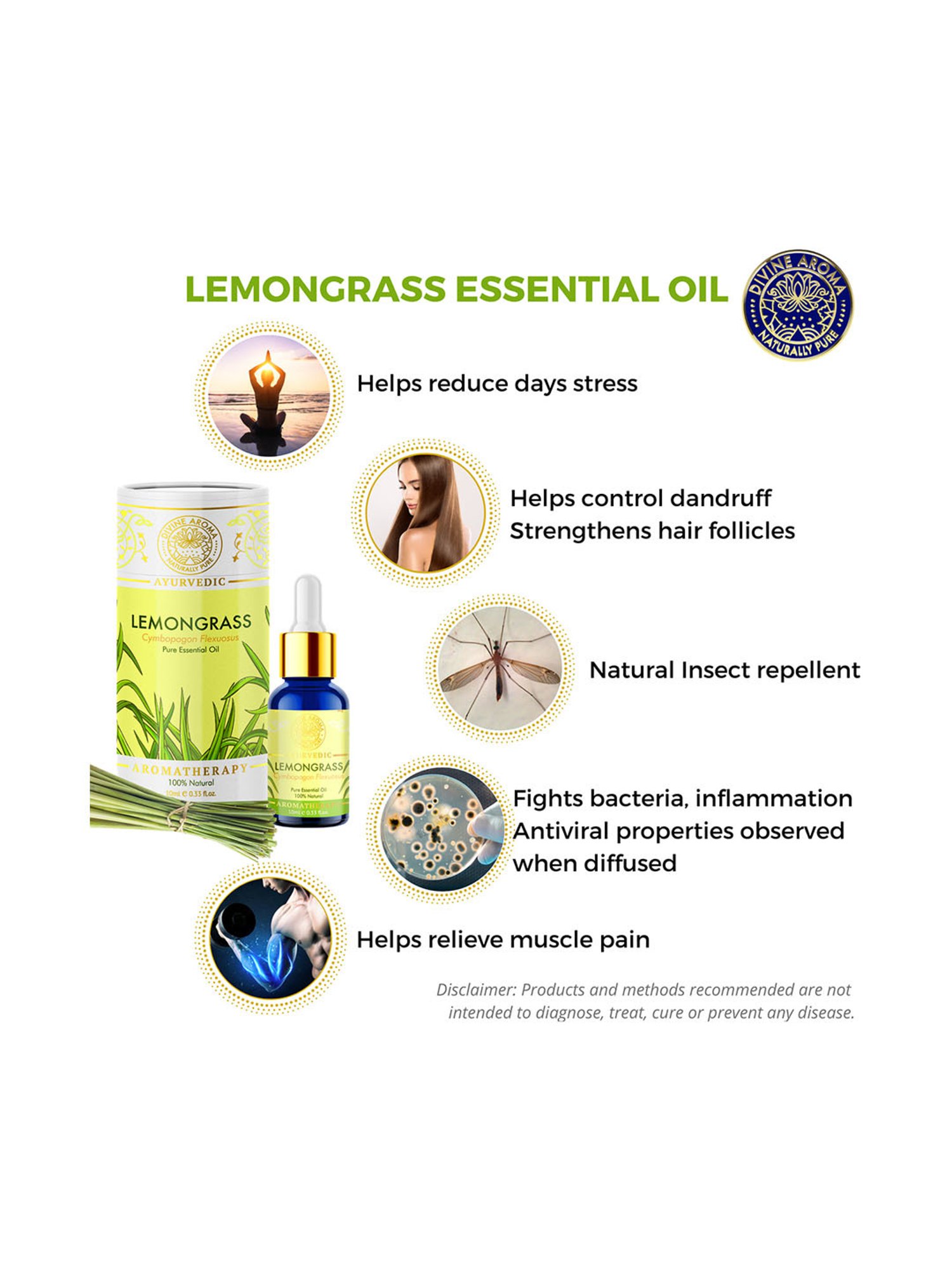 Divine Aroma Lemongrass Essential Oil - 10 ml