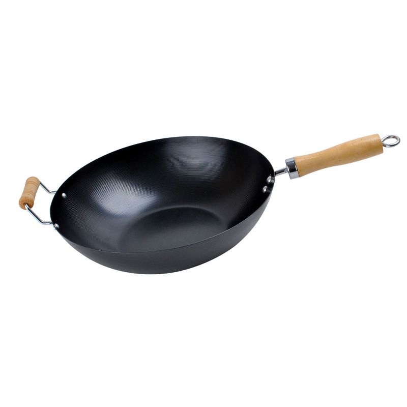 Alpine Cuisine AI-V34 13.5 Inch Carbon Steel Cooking Wok with Wood Handle, Black