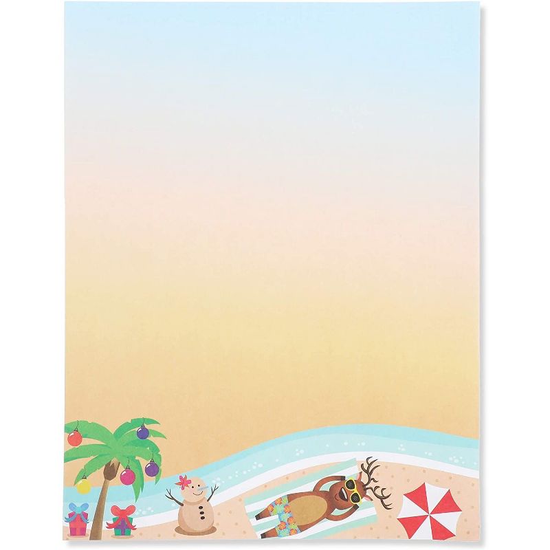Pipilo Press 100-Pack Beach Christmas Stationery Paper, Tanning Reindeer Illustration (8.5 x 11 In)