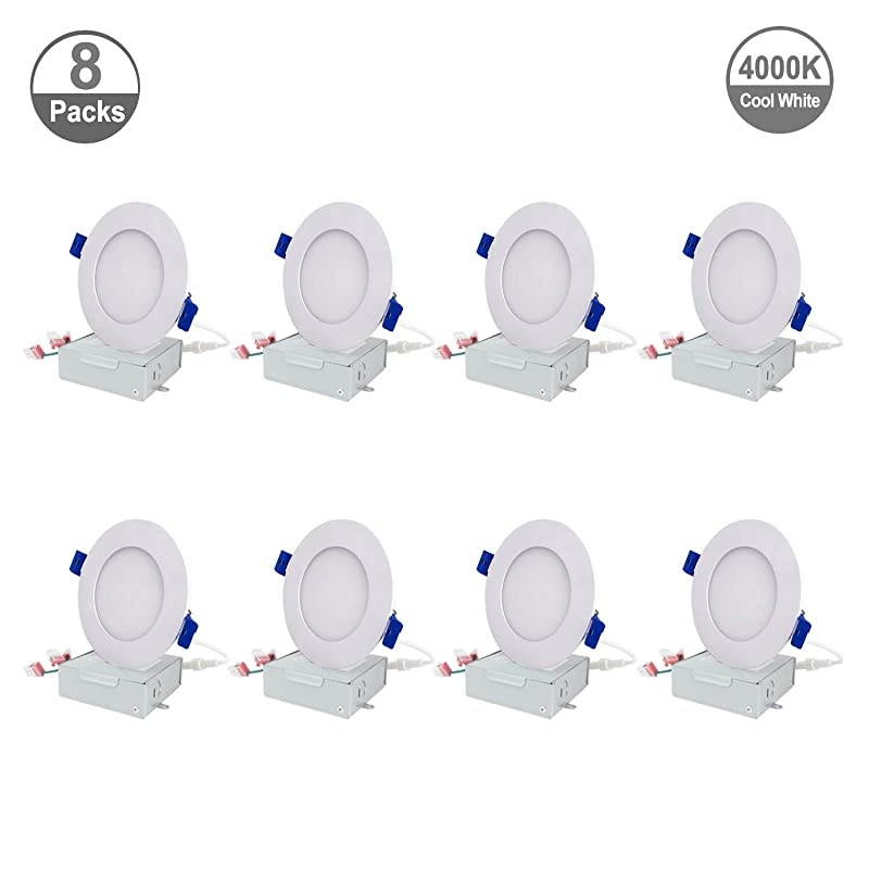 LED 8 Packs 4 Inch Recessed Low Profile Slim Panel Light with Junction Box Air Tight 120VAC 9W 550 Lumens 4000K Cool White CRI80+ Dimmable ETL Listed Energy Star Certified