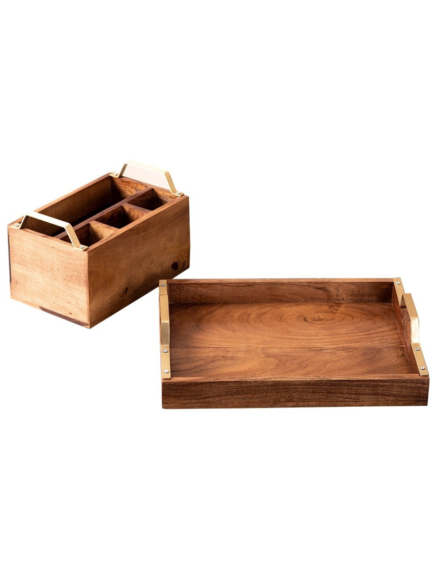 Nestroots Brown Sheesham Wood Serving Tray & Cutlery Holder Set