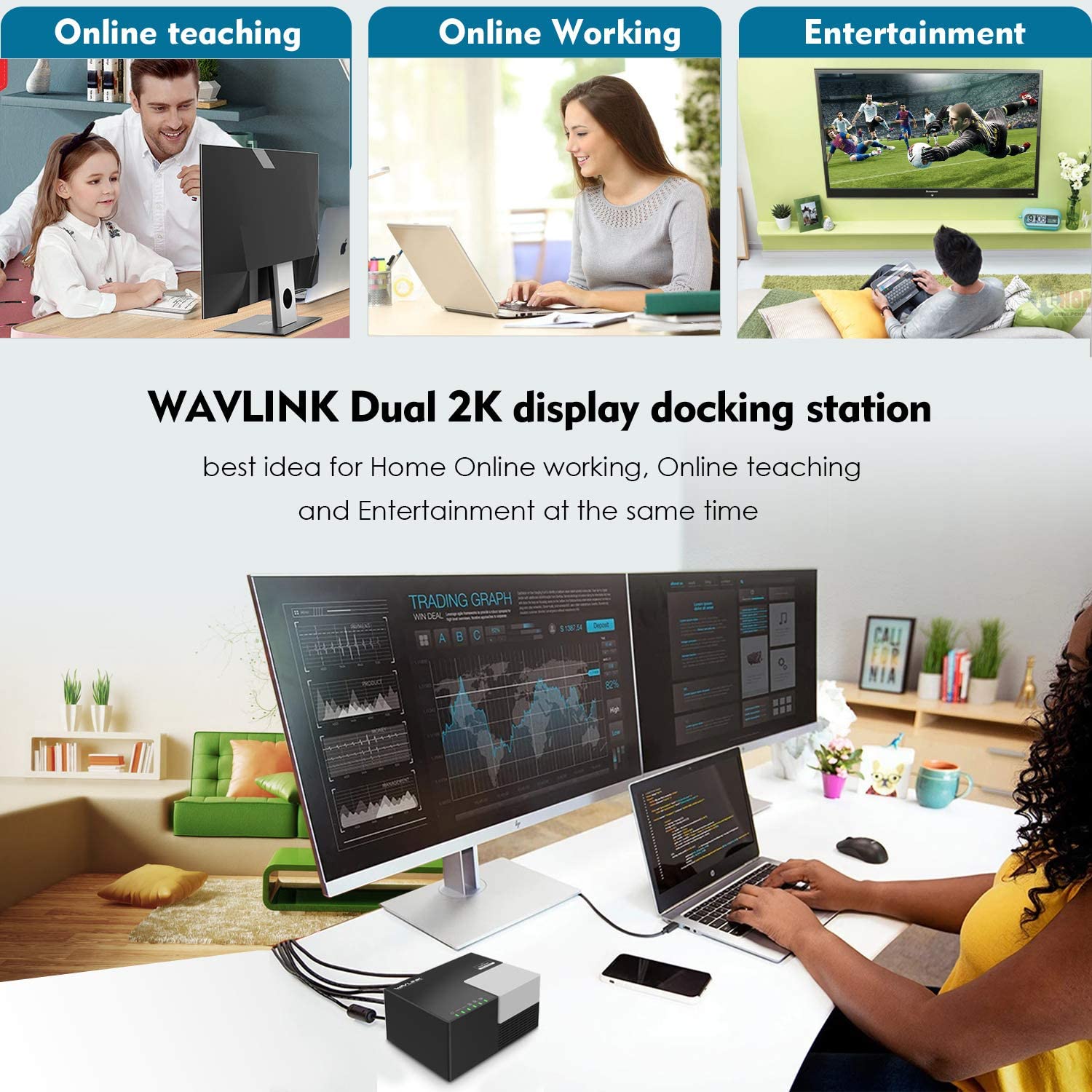 All in One USB 3.0 Universal Laptop Docking Station Dual Video Display,HDMI,DVI & VGA, Gigabit Ethernet,4 USB Data Ports, 2X USB Charging Port for Laptop, Tablets, Ultrabook,Android 5.0
